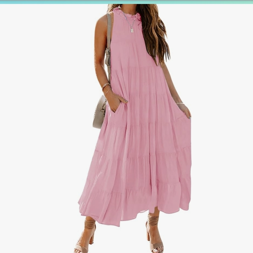 Elegant Pink Sleeveless Tiered Ruffle Maxi Dress With Back Bow - NEW